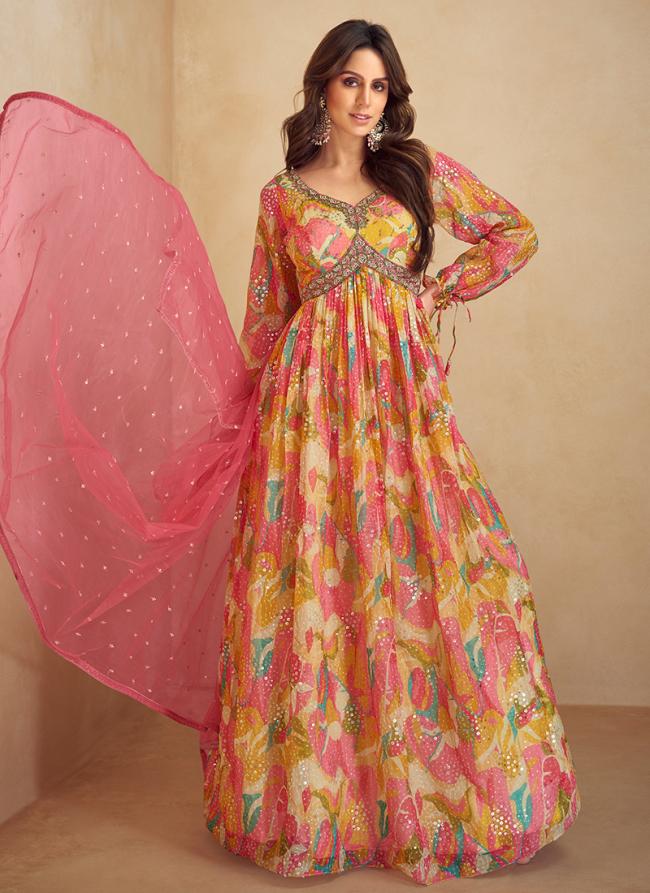 Real Chinnon Multi Colour Wedding Wear Printed Readymade Gown With Dupatta